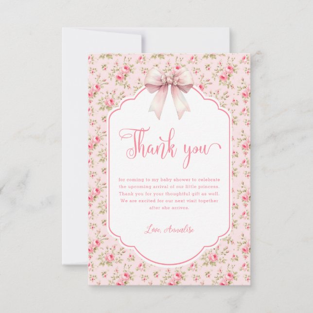 Floral Pink Bow It's A Girl Baby Shower Thank You Card (Front)