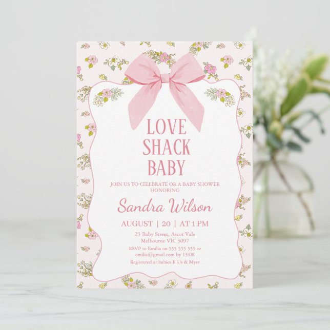 Floral Pink Bow Love Shack Baby Baby Shower  Invitation (Standing Front)