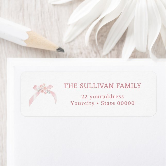 Floral pink bow return address label (Insitu)