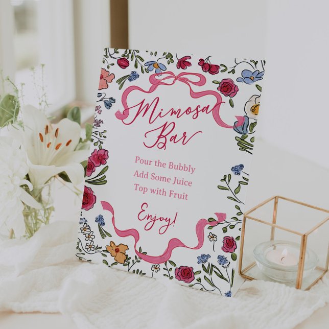 Floral Pink Bow She's Tying the Knot Mimosa Bar Pedestal Sign (Creator Uploaded)