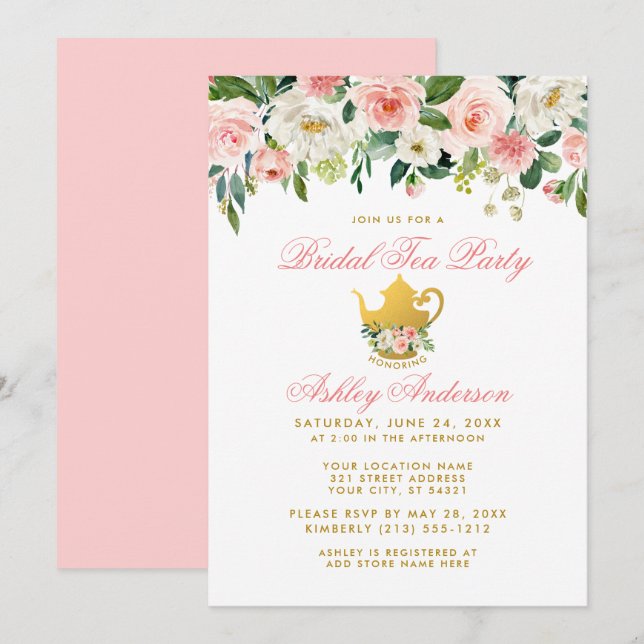 Floral Pink Bridal Shower Tea Party Gold Invite (Front/Back)