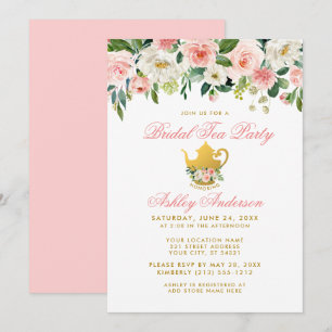 Floral Pink Bridal Shower Tea Party Gold Invite