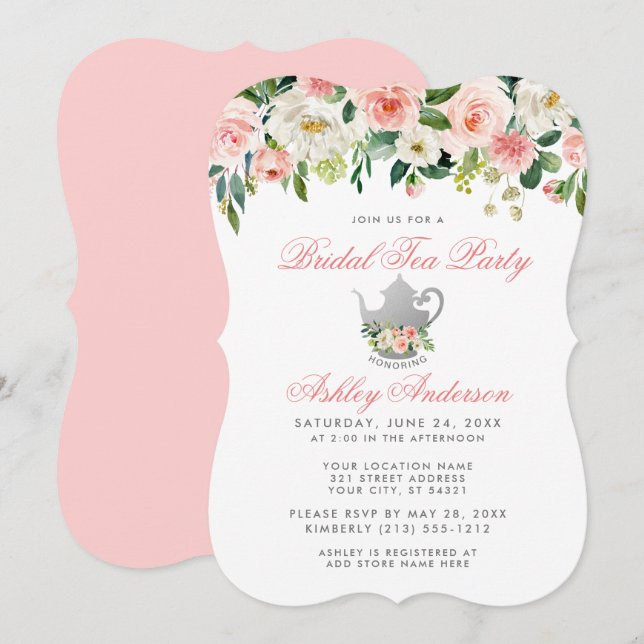 Floral Pink Bridal Shower Tea Party Invite BP (Front/Back)