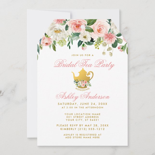 Floral Pink Bridal Shower Tea Party Invite Gold T (Front)