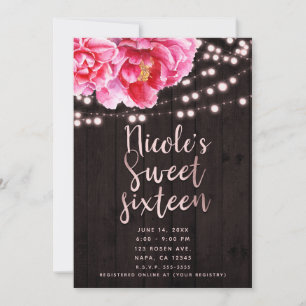 Floral Pink Brown Rustic Wood & Lights Sweet 16 Invitation