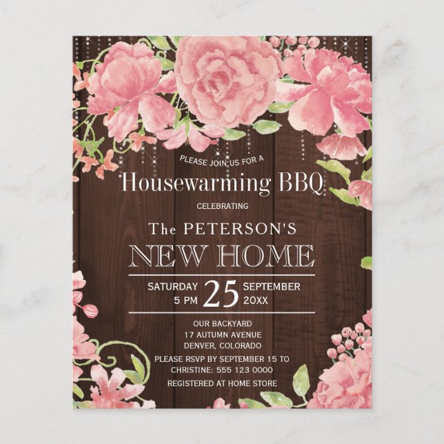 Floral pink budget housewarming bbq invitation (Front)