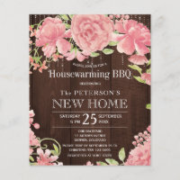 Floral pink budget housewarming bbq invitation