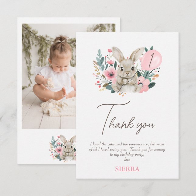 Floral Pink Bunny Birthday Thank You Card (Front/Back)