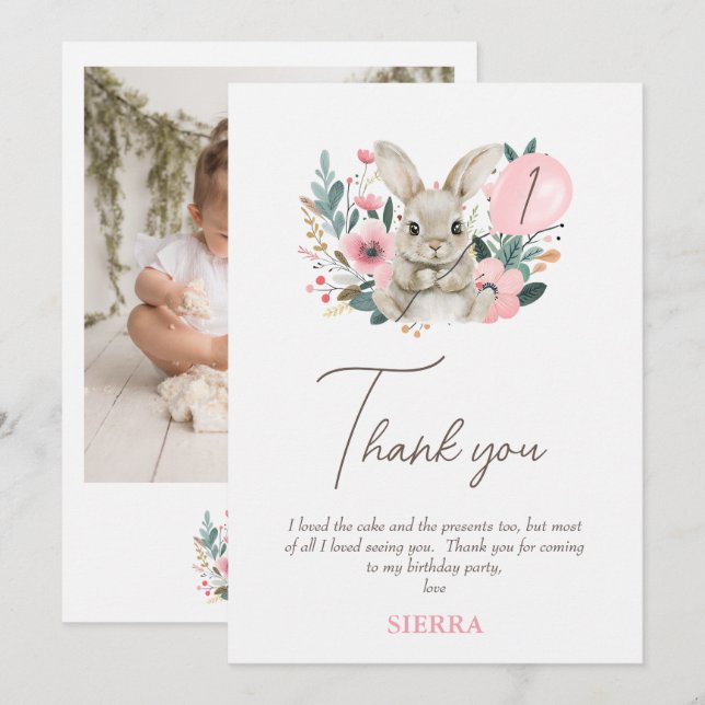 Floral Pink Bunny Birthday Thank You Card (Front/Back)