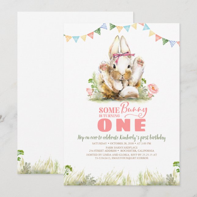 Floral Pink Bunny Girls Birthday Invitation (Front/Back)