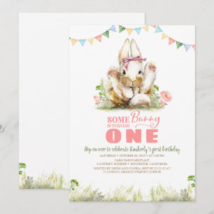 Floral Pink Bunny Girls Birthday Invitation