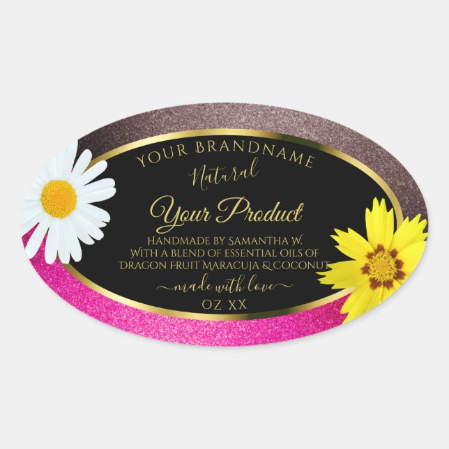 Floral Pink Burgundy Glitter Black Product Labels (Front)