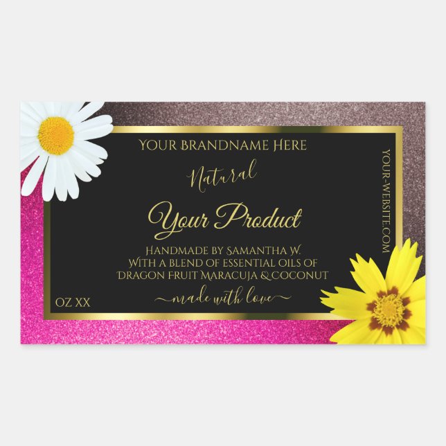 Floral Pink Burgundy Glitter Black Product Labels (Front)