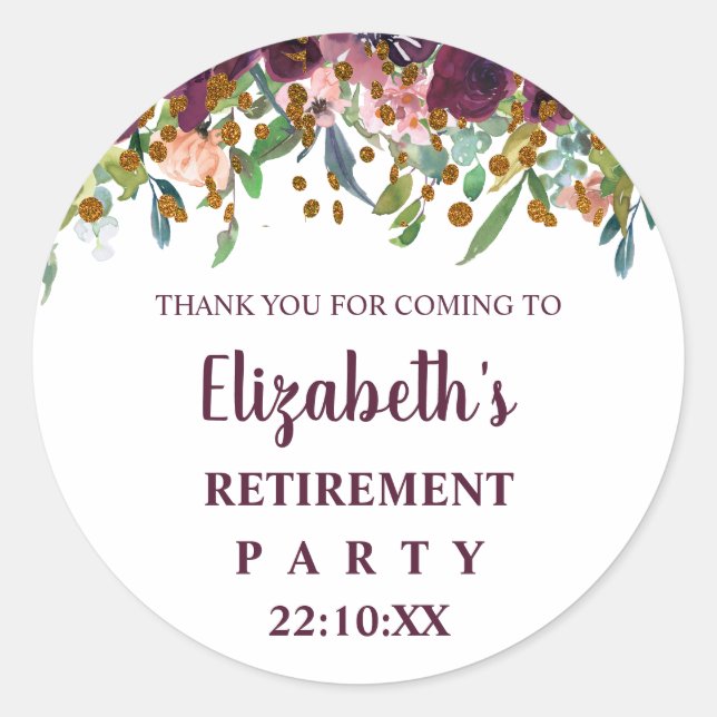 Floral Pink , Burgundy Retirement Party Thank You Classic Round Sticker (Front)