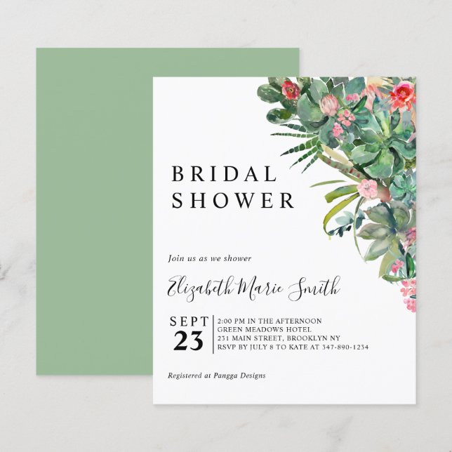 Floral Pink Cactus Budget Bridal Shower Invitation (Front/Back)