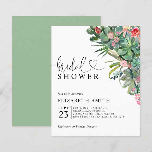 Floral Pink Cactus Budget Bridal Shower Invitation (Front/Back)
