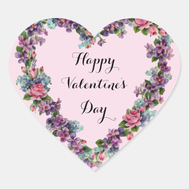 Floral Pink Calligraphy Happy Valentine's Day  Heart Sticker (Front)
