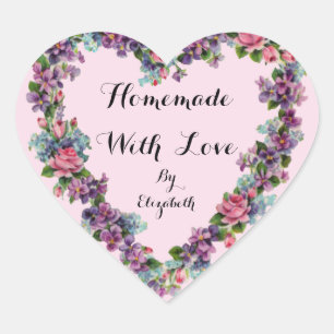 Floral Pink Calligraphy Homemade With Love Heart Sticker