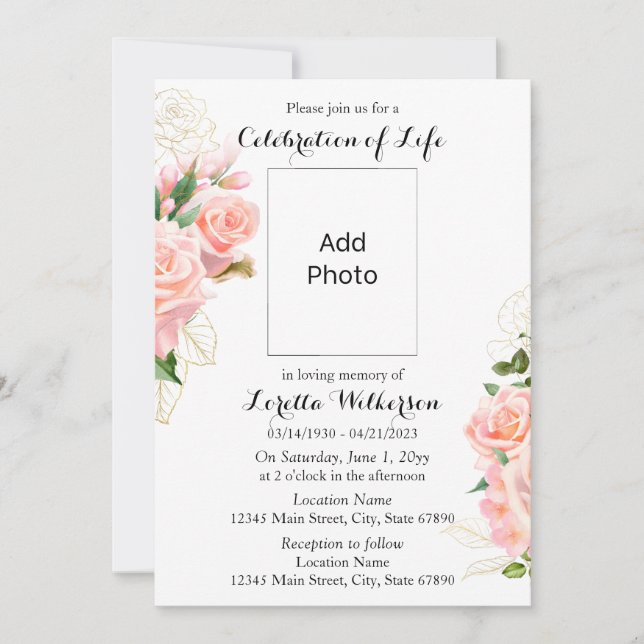 Floral Pink Celebration of Life Photo Invitation (Front)