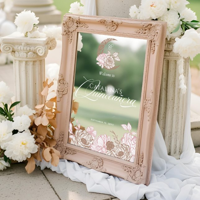 Floral Pink Celestial Moon Quinceanera Welcome Window Cling (Floral Pink Celestial Moon Quinceanera Welcome Window Cling)