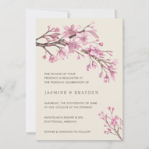 Floral Pink Cherry Blossom Elegant Wedding Invitation