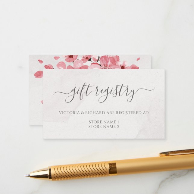 Floral Pink Cherry Blossom Wedding Gift Registry Enclosure Card (Front/Back In Situ)