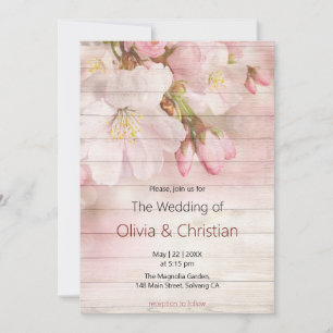 Floral Pink Cherry Blossoms On Wood Invitation