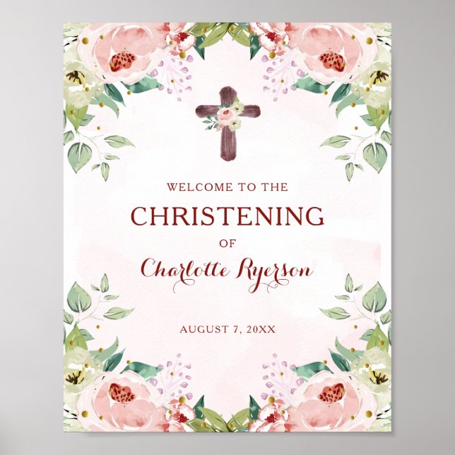 Floral Pink Christening Welcome Poster (Front)