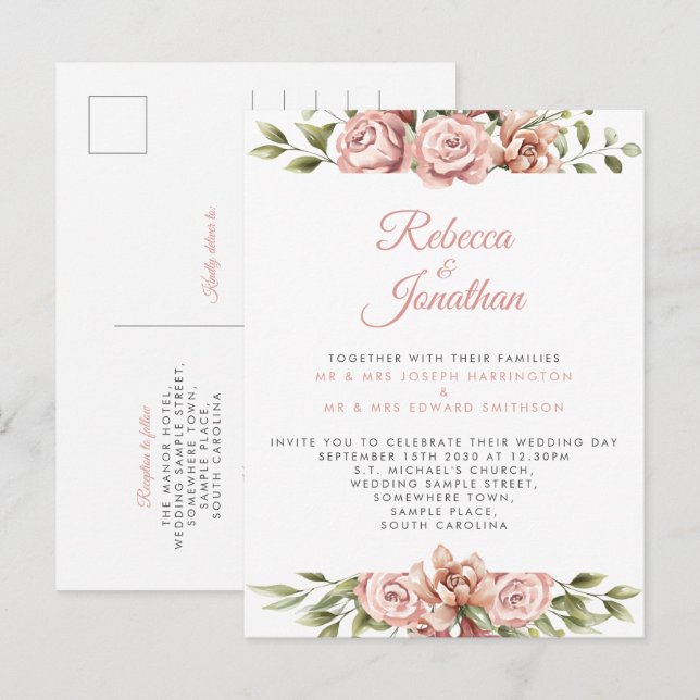 Floral Pink Coral Wedding Invitation Postcard (Front/Back)
