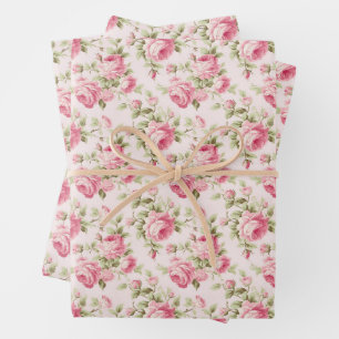 Floral Pink Cottage Roses Pattern Wrapping Paper Sheet