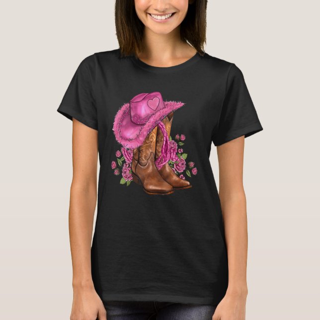 Floral Pink Cowgirl Boots And Hat Valentines Weste T-Shirt (Front)