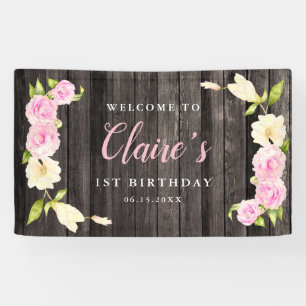 Floral Pink Cream Girls Birthday Party Banner