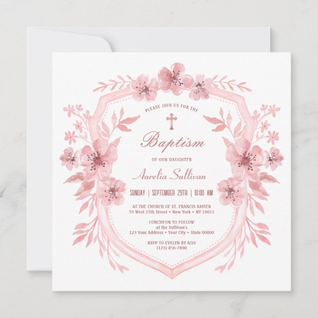 Floral Pink Crest Baptism Invitation (Front)