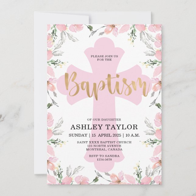 Floral Pink Cross Baptism invitation (Front)
