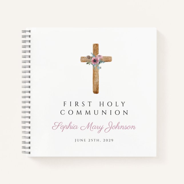 Floral Pink Cross Girl First Communion Guestbook Notebook (Front)