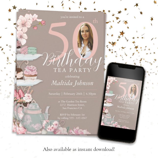 Floral Pink Custom Photo Tea Party 50th Birthday  Invitation (50th Birthday Tea Party Floral Pink Custom Photo Invitation)