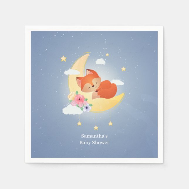 Floral pink cute little fox baby shower  napkin (Front)