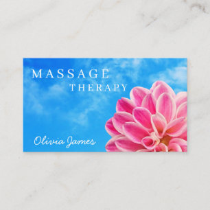 Floral pink dahlia flower cloudy blue sky massage business card