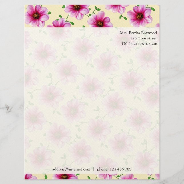 Floral Pink Dahlia Flowers Photo Custom Address Personalised Letterhead (Front)