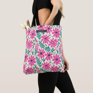 Floral Pink Daisy Watercolor Botanical Pattern Tote Bag