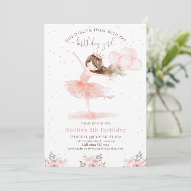 Floral Pink Dance Twirl Birthday Girl Birthday Invitation (Standing Front)
