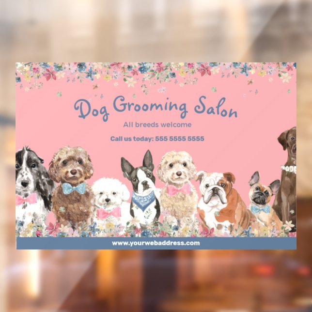 Floral Pink Dog Grooming Salon Promotional Window Cling (Sheet 2)