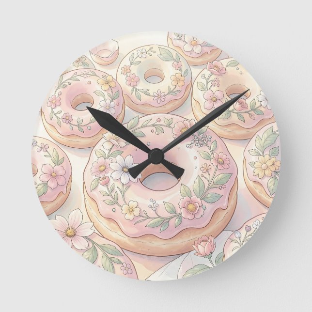 Floral Pink Doughnuts Pastel Illustration Round Clock (Front)