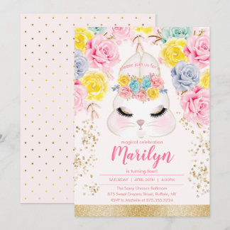 Floral Pink Easter Bunny Birthday Party Invitation