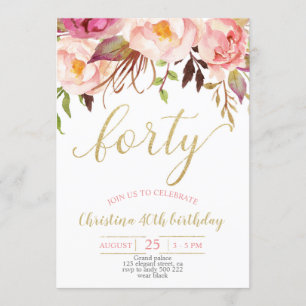Floral Pink Elegant 40th Birthday Women Invitation