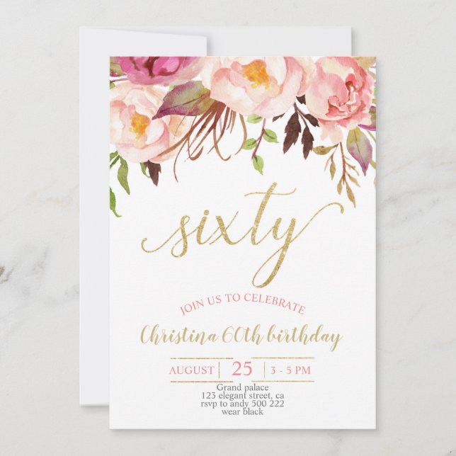 Floral Pink Elegant 60th Birthday Women Invitation (Front)