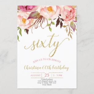 Floral Pink Elegant 60th Birthday Women Invitation