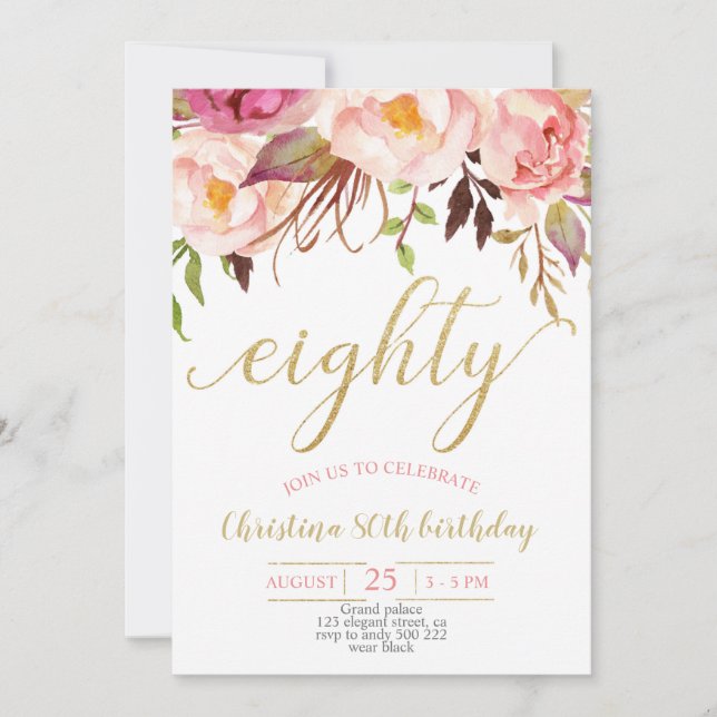 Floral Pink Elegant 80th Birthday Women Invitation (Front)