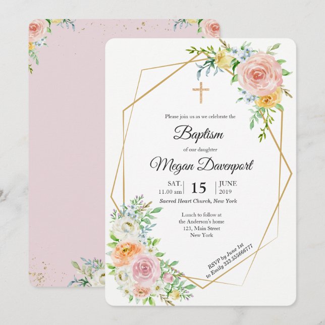 Floral pink elegant Baptism Religious event Invitation (Front/Back)