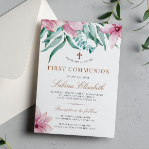 Floral pink elegant holy first communion invitation